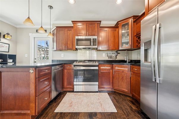 Interior, Kitchen, Pendant Lights, Recessed Lighting, Stainless Steel Appliances, Wood Texture Flooring