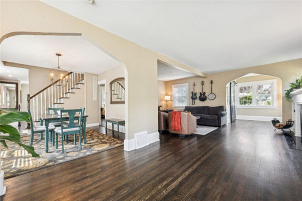 Dining room, Fireplace, Interior, Living room, Pendant Lights, Wood Texture Flooring