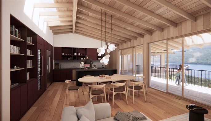 Dining room, Interior, Kitchen, Pendant Lights, Water, Wooden Beams, Wooden Ceilings, Wood Texture Flooring