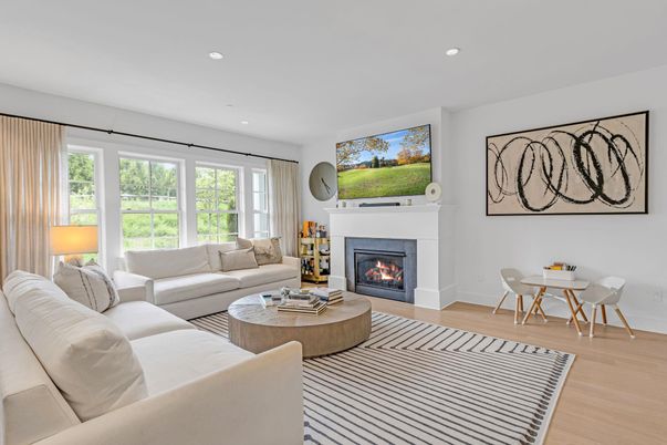 Dining room, Fireplace, Interior, Living room, Recessed Lighting, Wood Texture Flooring