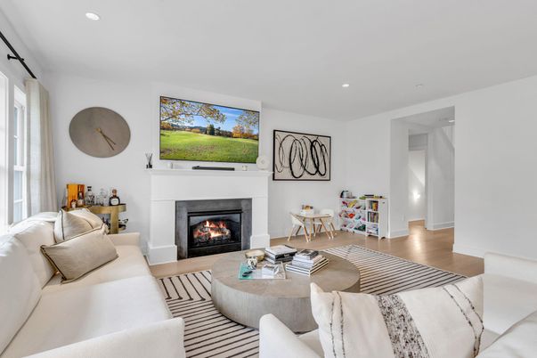 Fireplace, Interior, Living room, Recessed Lighting, Wood Texture Flooring