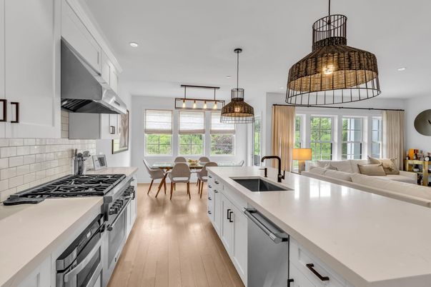 Dining room, Interior, Kitchen, Pendant Lights, Recessed Lighting, Stainless Steel Appliances, Wood Texture Flooring