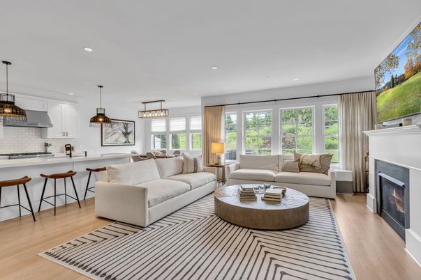 Dining room, Fireplace, Interior, Kitchen, Living room, Pendant Lights, Recessed Lighting, Wood Texture Flooring