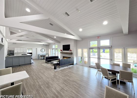 Dining room, Fireplace, Interior, Kitchen, Living room, Recessed Lighting, Wood Texture Flooring