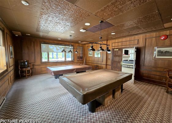Billiard Table, Game Room, Interior, Pendant Lights, Recessed Lighting, Wooden Walls