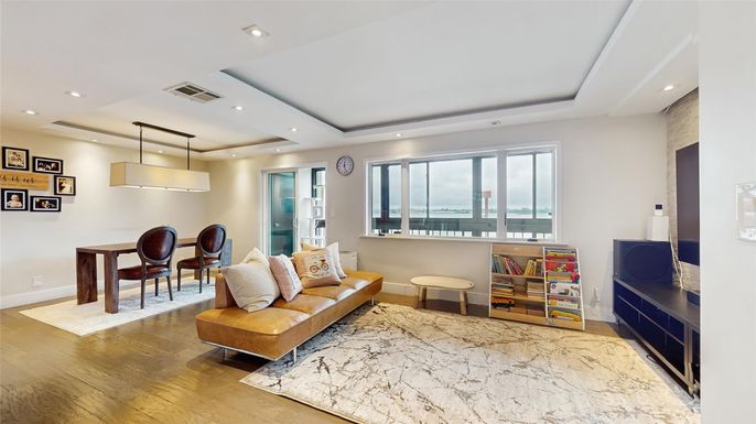 Dining room, Interior, Living room, Pendant Lights, Recessed Lighting, Water, Wood Texture Flooring