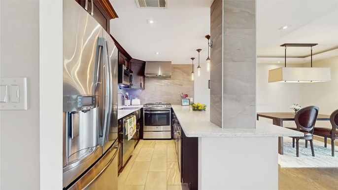 Interior, Kitchen, Pendant Lights, Recessed Lighting, Stainless Steel Appliances, Wood Texture Flooring