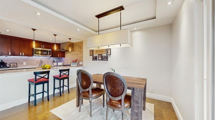 Interior, Kitchen, Pendant Lights, Recessed Lighting, Wood Texture Flooring