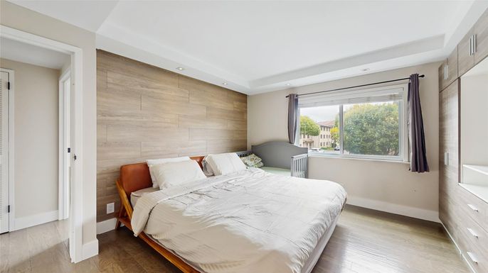 Bedroom, Interior, Recessed Lighting, Wood Texture Flooring, Wooden Walls