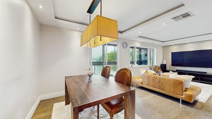 Dining room, Interior, Living room, Recessed Lighting, Wood Texture Flooring