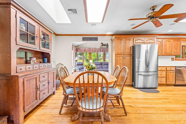 Dining room, Interior, Kitchen, Recessed Lighting, Wood Texture Flooring