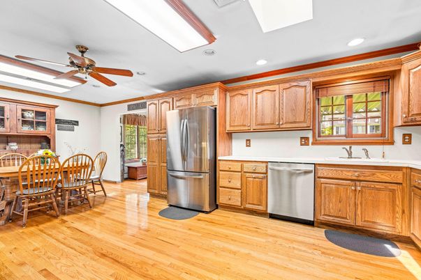 Dining room, Interior, Kitchen, Recessed Lighting, Stainless Steel Appliances, Wood Texture Flooring