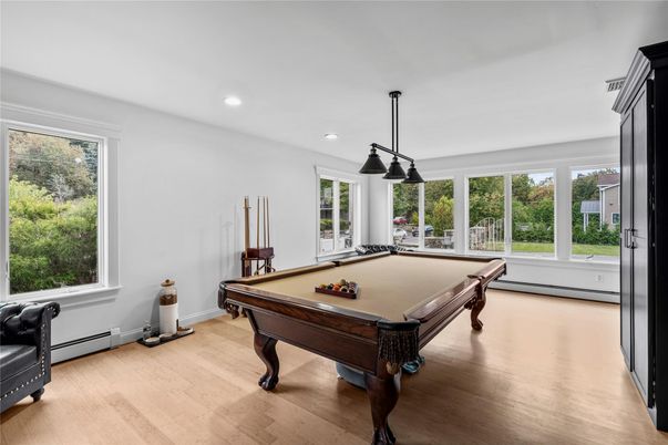 Billiard Table, Game Room, Interior, Pendant Lights, Recessed Lighting, Wood Texture Flooring
