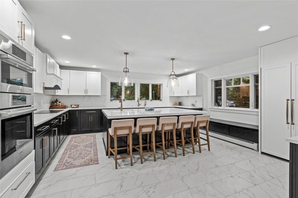 Interior, Kitchen, Marble, Pendant Lights, Recessed Lighting, Stainless Steel Appliances