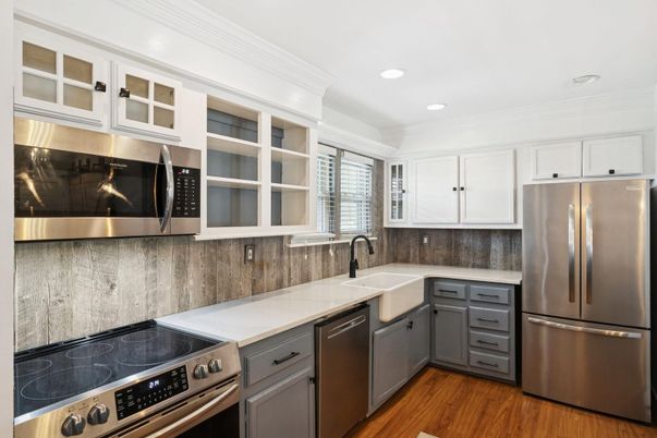 Interior, Kitchen, Recessed Lighting, Stainless Steel Appliances, Wood Texture Flooring