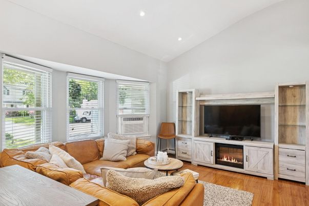 Fireplace, Interior, Living room, Recessed Lighting, Wood Texture Flooring