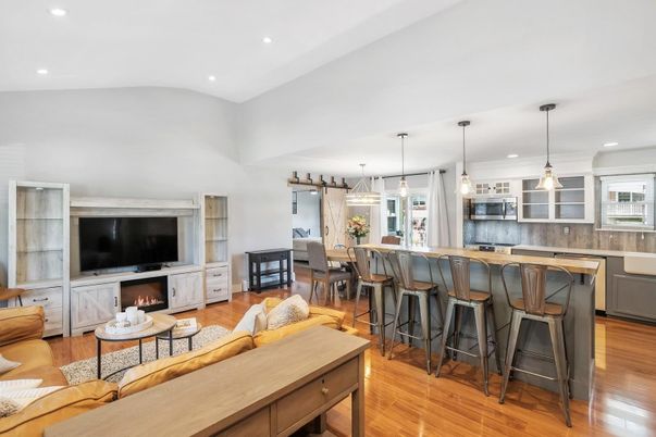 Dining room, Fireplace, Interior, Kitchen, Living room, Pendant Lights, Recessed Lighting, Wood Texture Flooring