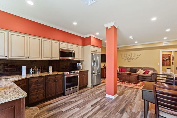 Interior, Kitchen, Living room, Recessed Lighting, Stainless Steel Appliances, Wood Texture Flooring