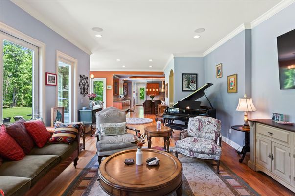 Interior, Living room, Piano, Recessed Lighting, Wood Texture Flooring
