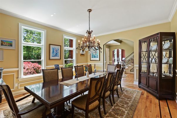 Chandelier, Dining room, Interior, Wood Texture Flooring