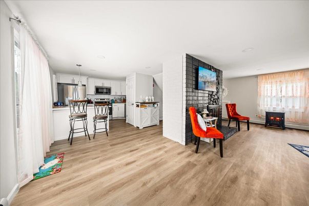 Fireplace, Interior, Kitchen, Living room, Pendant Lights, Recessed Lighting, Wood Texture Flooring
