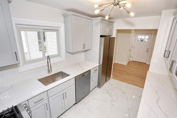 Interior, Kitchen, Marble, Stainless Steel Appliances, Wood Texture Flooring
