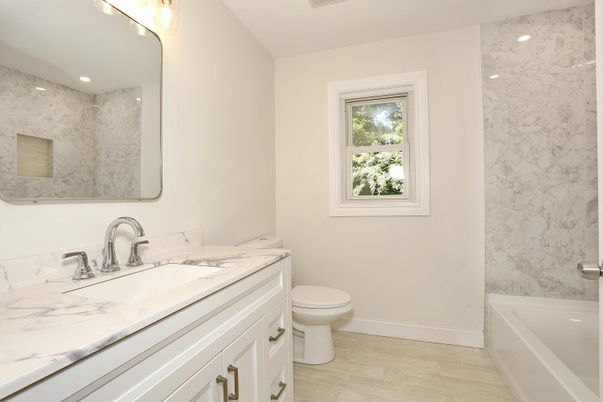 Bathroom, Interior, Marble Walls, Recessed Lighting, Wood Texture Flooring