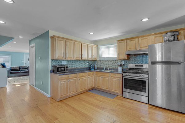 Interior, Kitchen, Living room, Recessed Lighting, Stainless Steel Appliances, Wood Texture Flooring