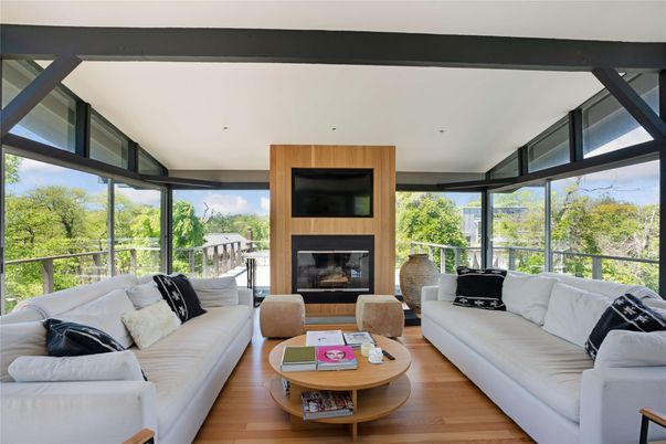 Fireplace, Interior, Living room, Recessed Lighting, Sun Room, Wood Texture Flooring