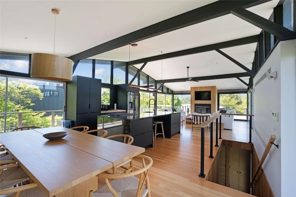 Dining room, Fireplace, Interior, Living room, Pendant Lights, Wood Texture Flooring