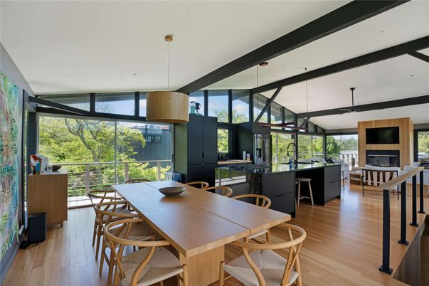Dining room, Fireplace, Interior, Living room, Pendant Lights, Wood Texture Flooring