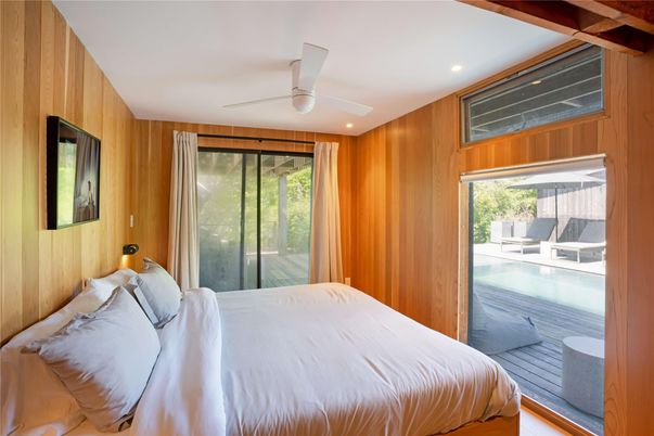 Bedroom, Interior, Recessed Lighting, Wood Texture Flooring, Wooden Walls