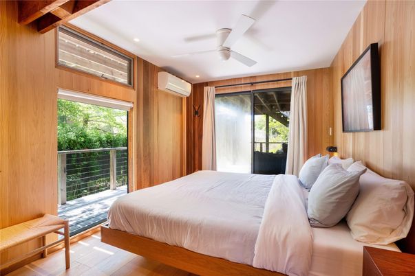 Bedroom, Interior, Recessed Lighting, Wood Texture Flooring, Wooden Walls