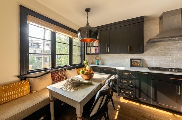 Dining room, Interior, Kitchen, Pendant Lights, Stainless Steel Appliances, Wood Texture Flooring