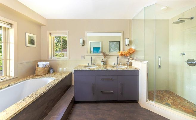 Bathroom, Dual Sink Vanities, Glass Shower, Interior