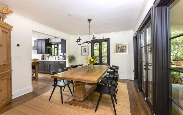 Dining room, Interior, Pendant Lights, Wood Texture Flooring