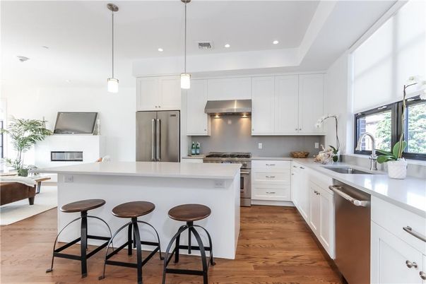 Interior, Kitchen, Pendant Lights, Recessed Lighting, Stainless Steel Appliances, Wood Texture Flooring