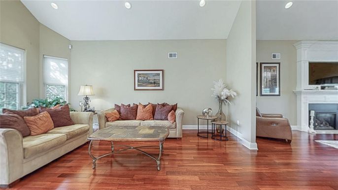 Fireplace, Interior, Living room, Recessed Lighting, Wood Texture Flooring