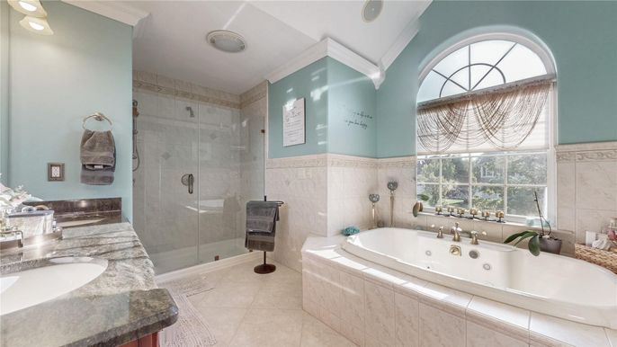 Bathroom, Dual Sink Vanities, Glass Shower, Interior, Recessed Lighting