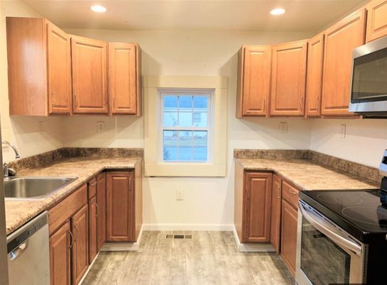 Interior, Kitchen, Recessed Lighting, Stainless Steel Appliances, Wood Texture Flooring