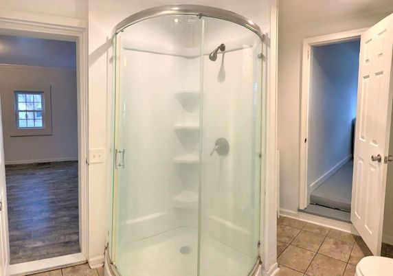 Bathroom, Glass Shower, Interior, Recessed Lighting, Wood Texture Flooring