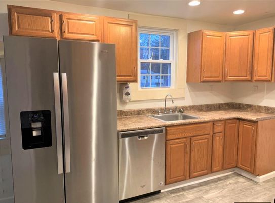 Interior, Kitchen, Recessed Lighting, Stainless Steel Appliances, Wood Texture Flooring