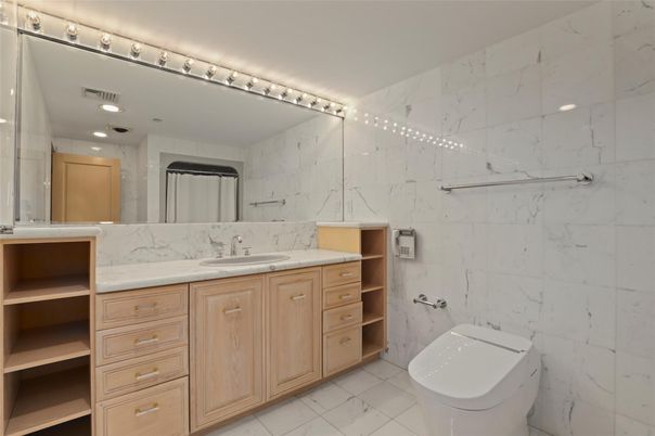 Bathroom, Dual Sink Vanities, Interior, Marble Walls, Recessed Lighting