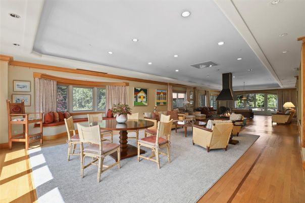 Dining room, Fireplace, Interior, Living room, Recessed Lighting, Wood Texture Flooring