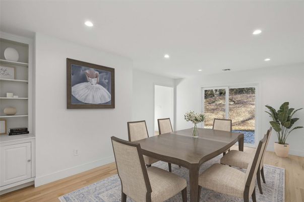 Dining room, Interior, Recessed Lighting, Wood Texture Flooring