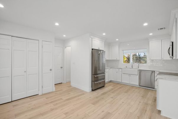 Interior, Kitchen, Recessed Lighting, Stainless Steel Appliances, Wood Texture Flooring