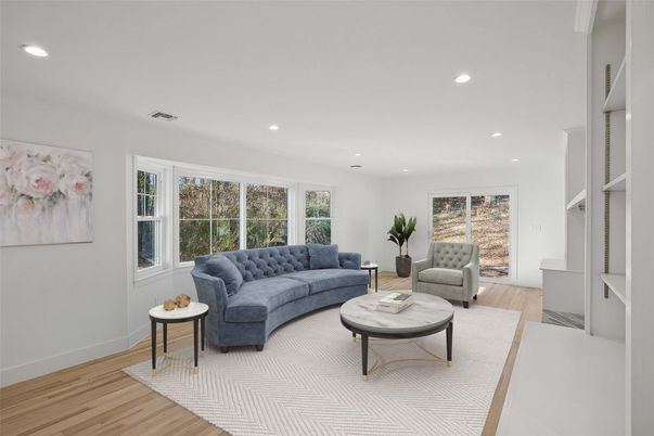 Interior, Living room, Recessed Lighting, Wood Texture Flooring