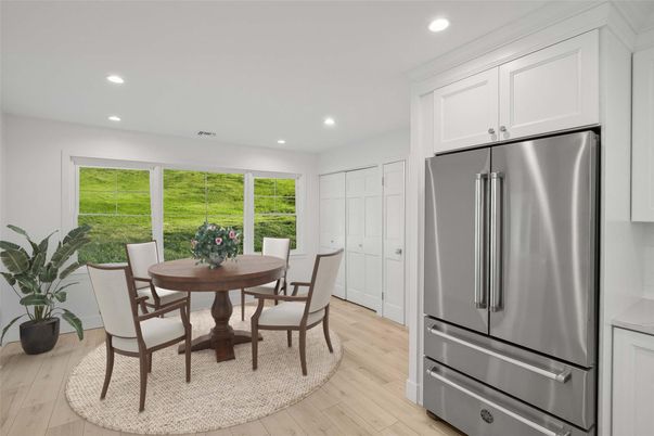Dining room, Interior, Kitchen, Recessed Lighting, Stainless Steel Appliances, Wood Texture Flooring