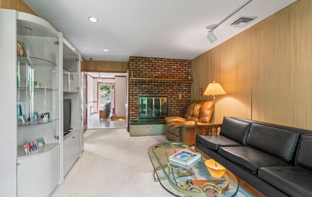 Fireplace, Interior, Living room, Recessed Lighting, Stone Walls, Wooden Walls
