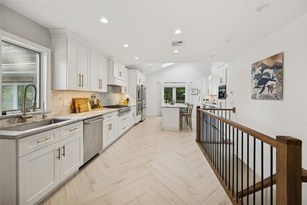 Interior, Kitchen, Recessed Lighting, Stainless Steel Appliances, Wood Texture Flooring